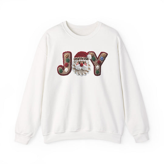 White crew-neck sweatshirt with JOY design, featuring a Santa-face motif for the O in a chunky, yarn-like style. Cozy, durable, ideal for festive comfort.