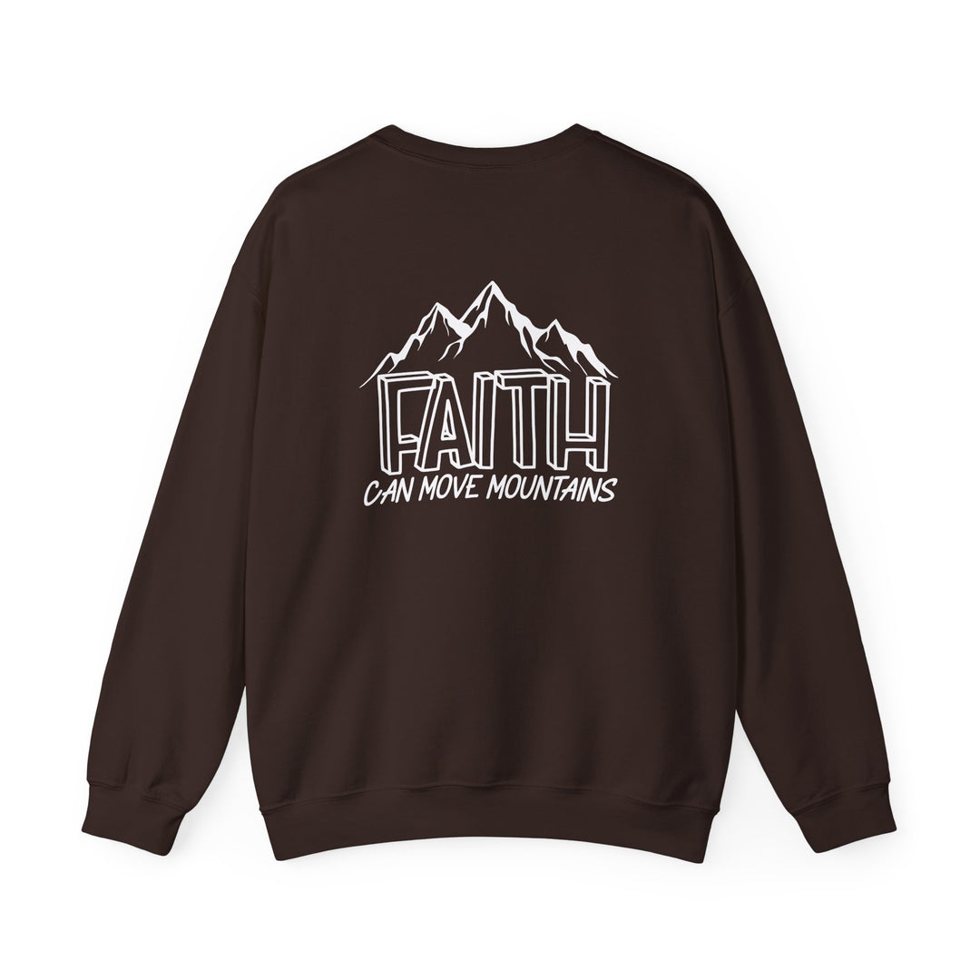 Unisex heavy blend crewneck sweatshirt featuring Faith Can Move Mountains logo. Made of 50% cotton and 50% polyester for comfort and durability. Classic fit with ribbed knit collar and double-needle stitching.
