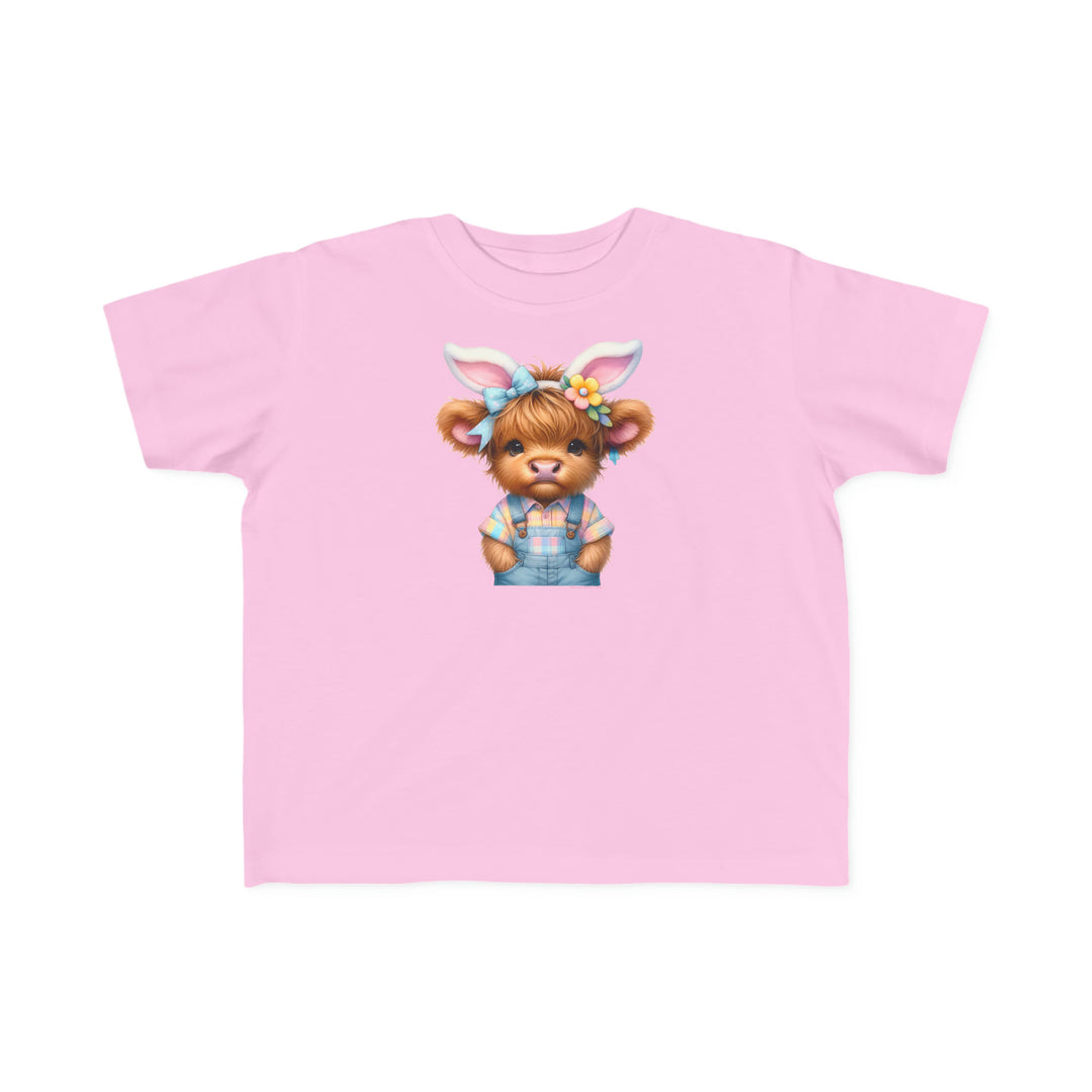 Easter Cow Toddler Tee featuring a pink shirt with a cartoon cow and bear, perfect for sensitive skin. Made of 100% combed ringspun cotton, light fabric, classic fit, tear-away label, true to size.