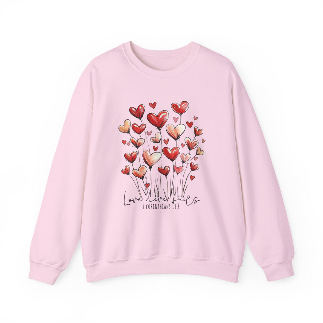 Love Never Fails Crew: Light pink sweatshirt with heart blooms, featuring Love never fails and 1 Corinthians 13:8 in script. Cozy, ribbed collar, unisex fit.