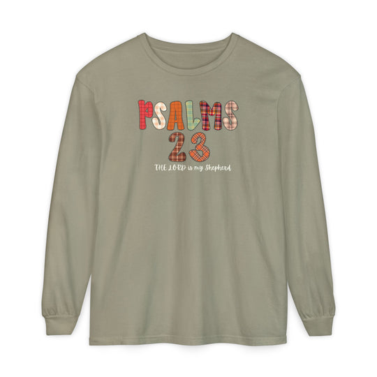 Psalms 23 Long Sleeve Tee features a patchwork PSALMS 23 design and The Lord is my Shepherd script on an olive-khaki, soft, 100% cotton fabric.