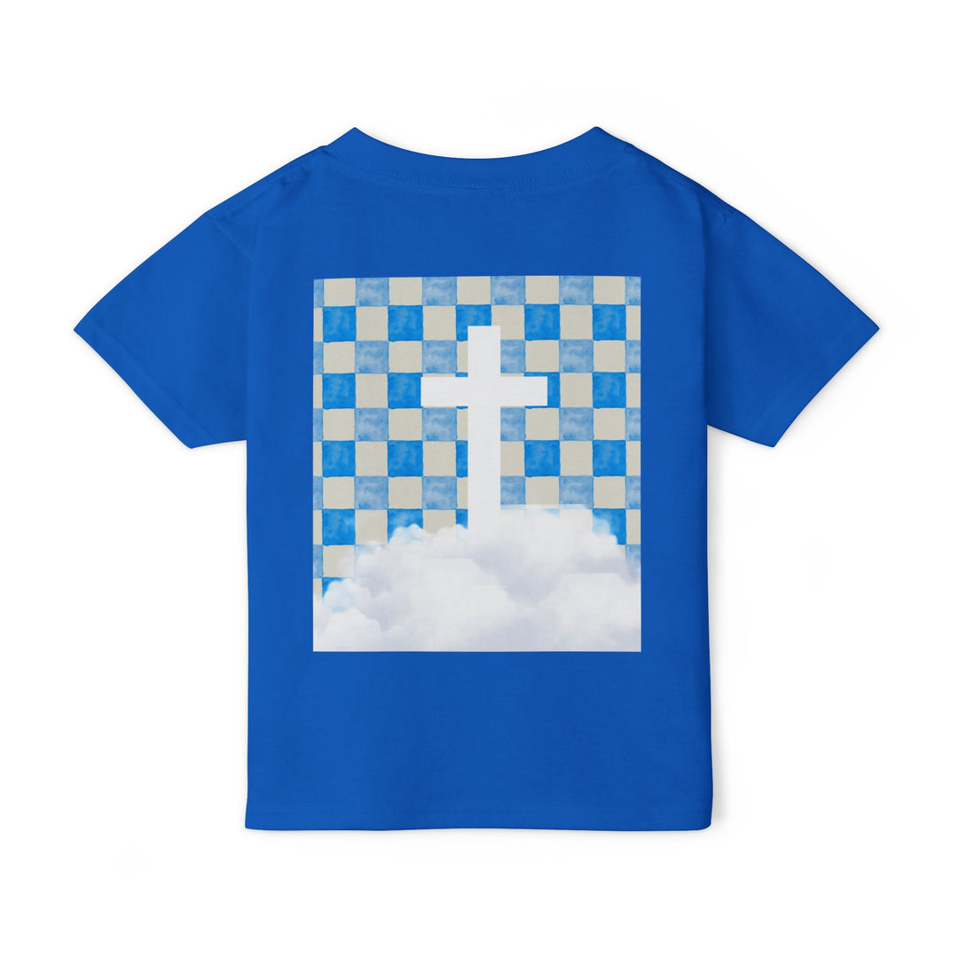 Heavy Cotton™ Toddler T-shirt in bright blue, featuring a back graphic of a pale beige and sky blue checkerboard with a white cross and cloud design.