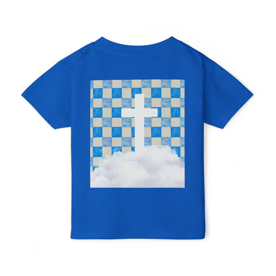 Heavy Cotton™ Toddler T-shirt in bright blue, featuring a back graphic of a pale beige and sky blue checkerboard with a white cross and cloud design.