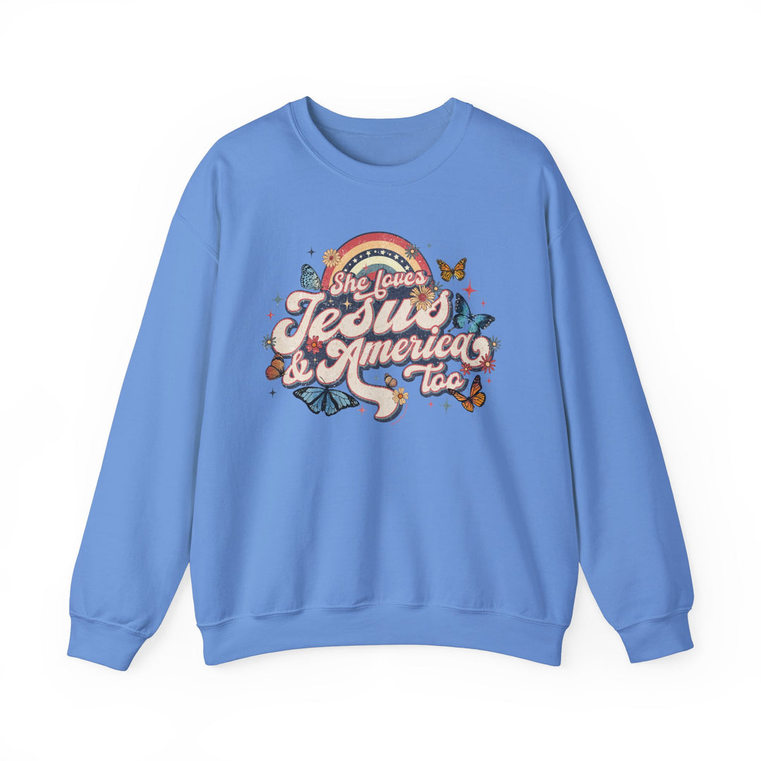 A unisex heavy blend crewneck sweatshirt featuring the She Loves Jesus and America design. Made of 50% cotton and 50% polyester, ribbed knit collar, no itchy side seams. Medium-heavy fabric, loose fit, runs true to size.