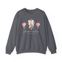 Dark-gray sweatshirt with three wooden crosses and bows, featuring God made me an Auntie and Psalm 127:3; unisex, 50% cotton, 50% polyester.
