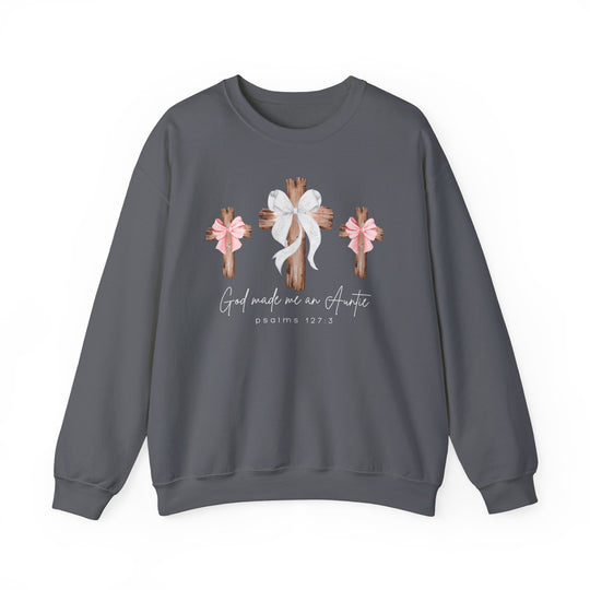 Dark-gray sweatshirt with three wooden crosses and bows, featuring God made me an Auntie and Psalm 127:3; unisex, 50% cotton, 50% polyester.