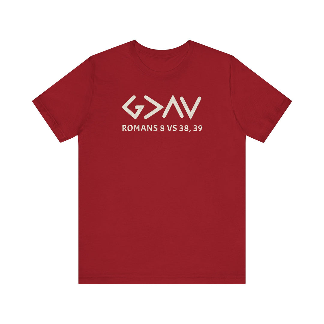 God is Greater Tee: Red t-shirt with white text, short sleeves, ribbed knit collars, soft cotton, offering a classic unisex fit.