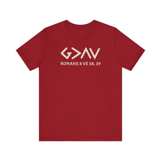God is Greater Tee: Red t-shirt with white text, short sleeves, ribbed knit collars, soft cotton, offering a classic unisex fit.