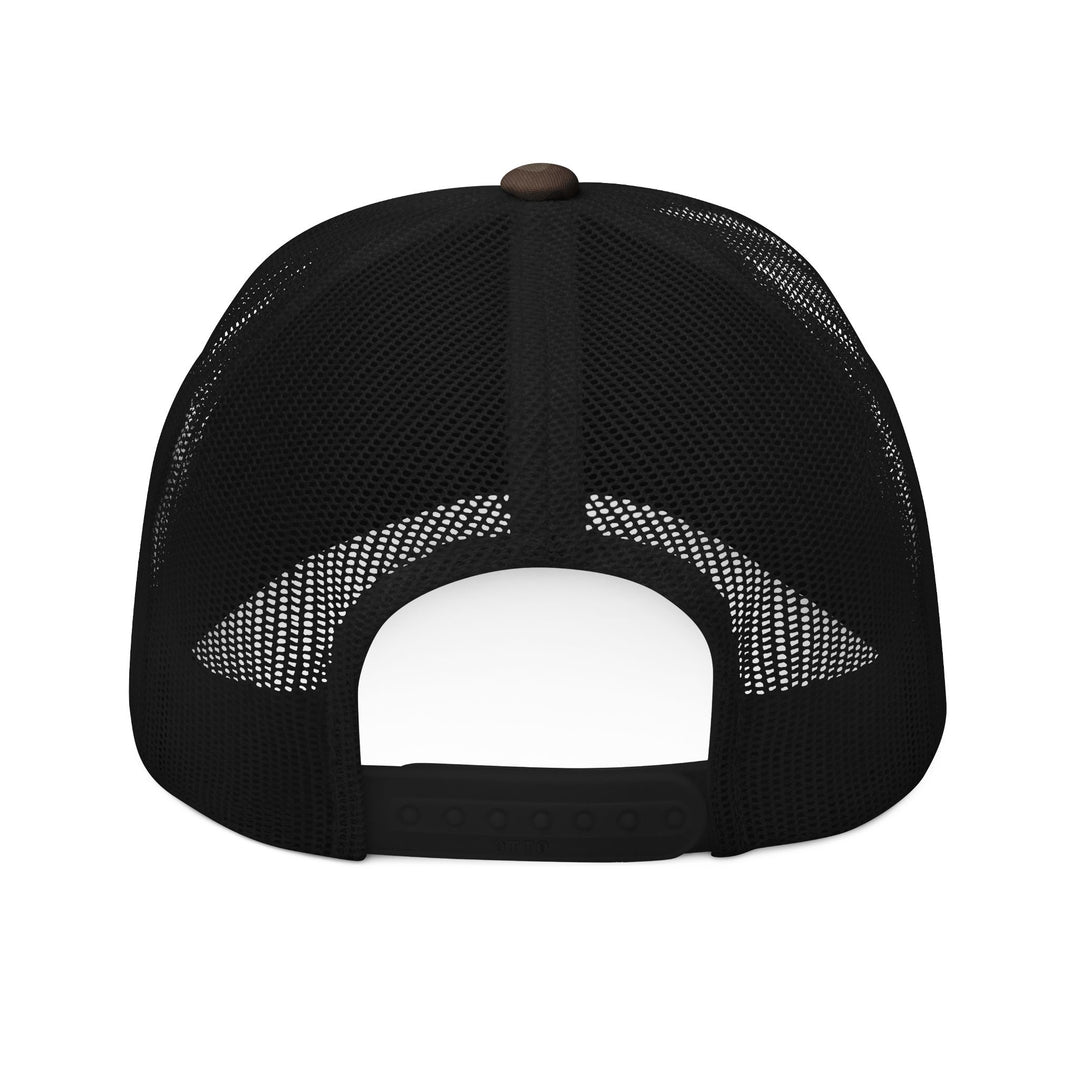 Back view of the Growing a Human Trucker Hat (Embroidery), featuring a black mesh design with adjustable snap-back strap and ventilated panels for comfort.