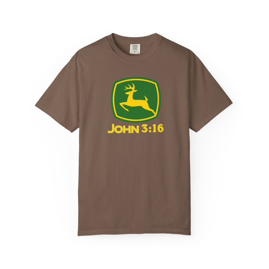 Brown short-sleeve John 3:16 Tee features a parody John Deere logo with green-and-yellow deer graphic, offering a relaxed fit and durable construction.