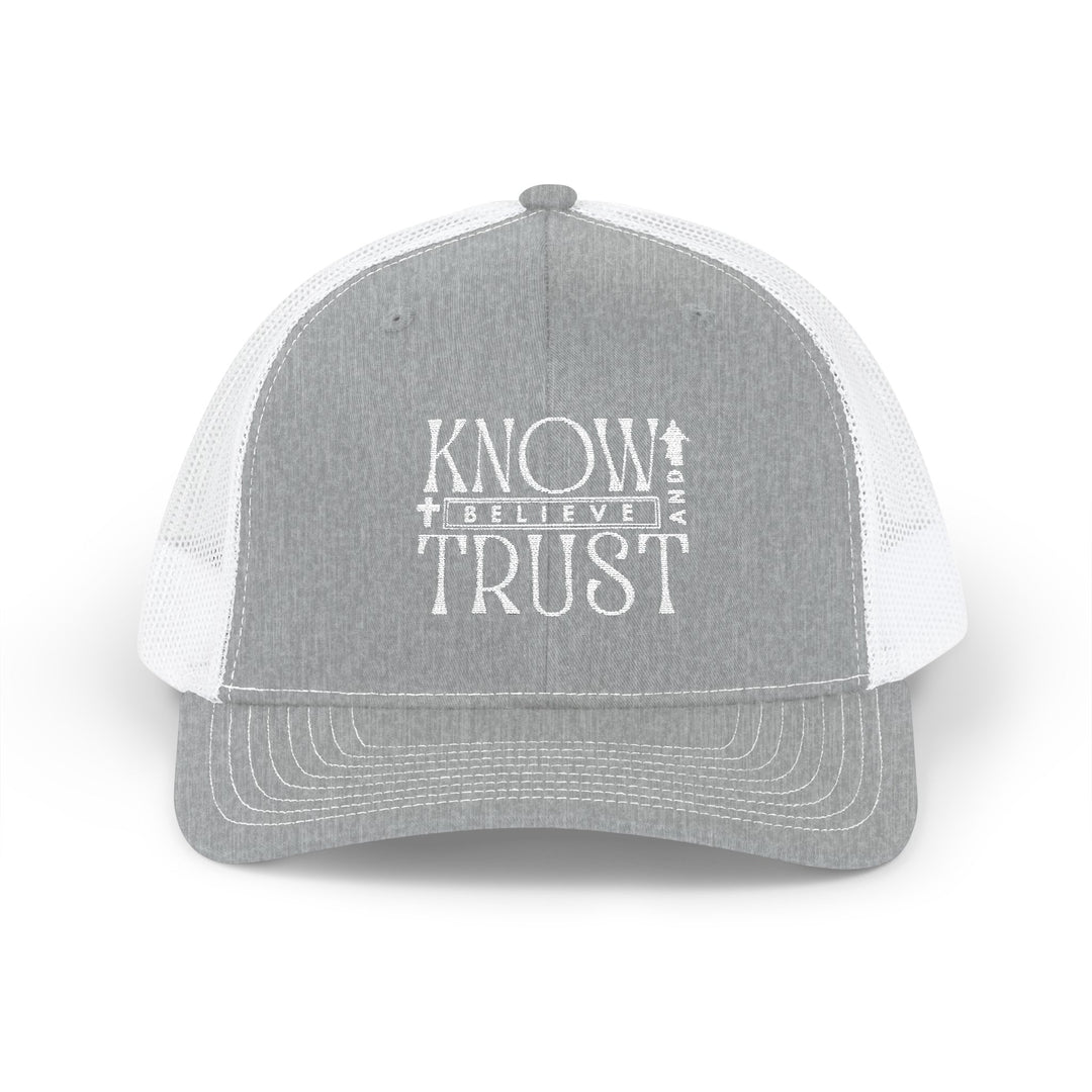 Know and Trust Snapback Trucker Cap (Embroidery) close-up showing classic 6-panel design, pre-curved visor, and adjustable snap closure, reflecting a sleek, casual style.