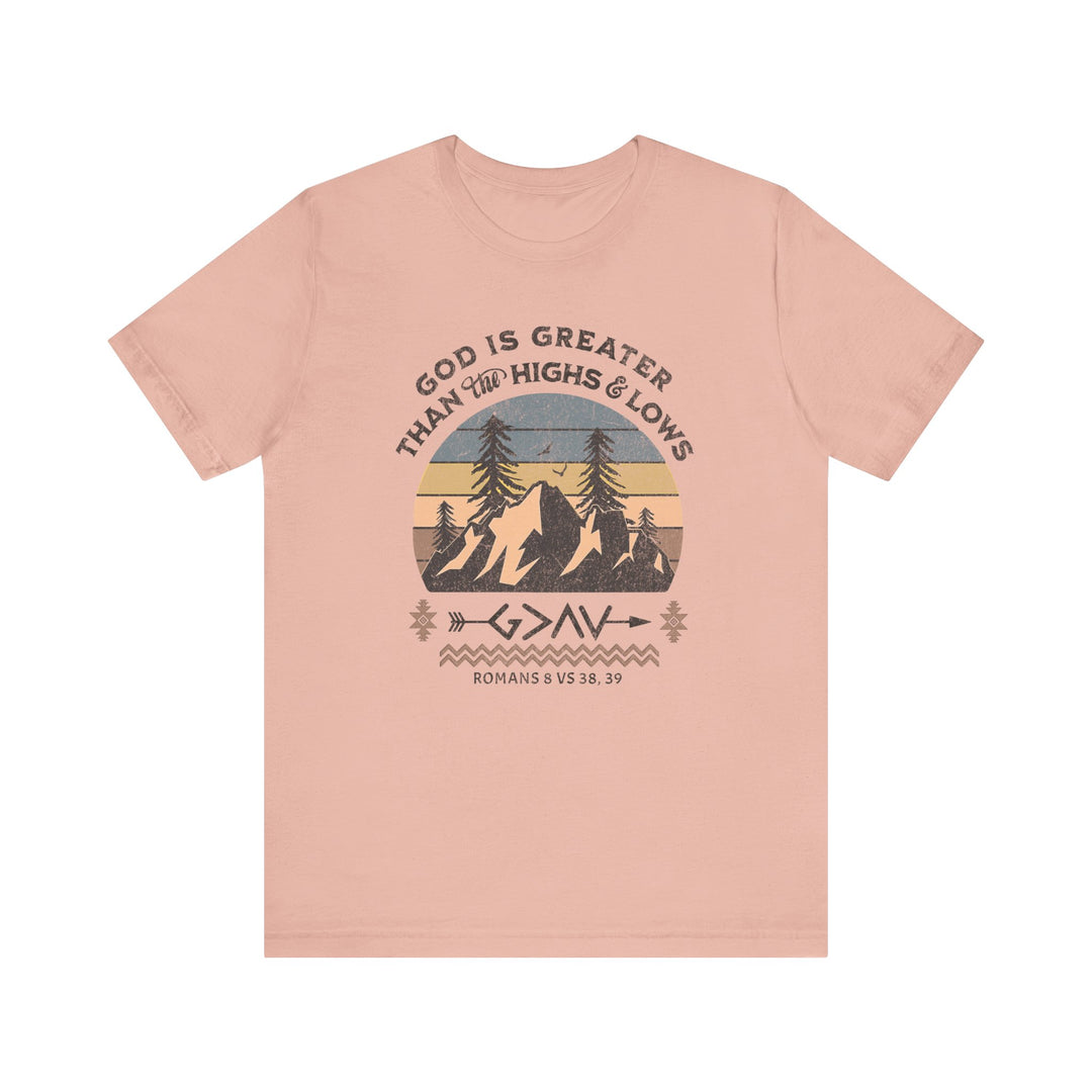 God is Greater Tee featuring a graphic design of mountains and trees, made from soft cotton with ribbed knit collars and dual side seams for durability.