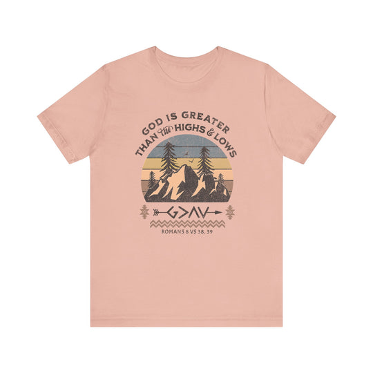 God is Greater Tee featuring a graphic design of mountains and trees, made from soft cotton with ribbed knit collars and dual side seams for durability.