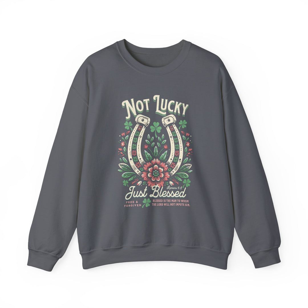 Blessed Crew: Grey sweatshirt featuring a horseshoe and flower graphic, offering a comfortable unisex fit with ribbed knit collar and no side seams.