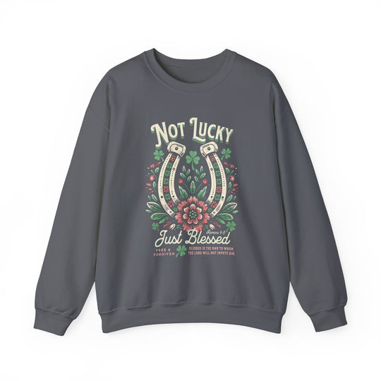 Blessed Crew: Grey sweatshirt featuring a horseshoe and flower graphic, offering a comfortable unisex fit with ribbed knit collar and no side seams.