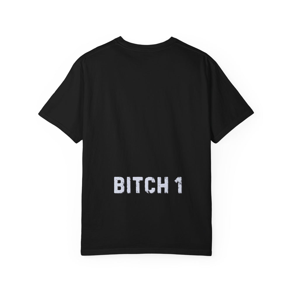 Back view of the EMOTIONAL SUPPORT BARTENDER TEE featuring BITCH 1 in distressed white font, highlighting its relaxed fit and durable, garment-dyed fabric.