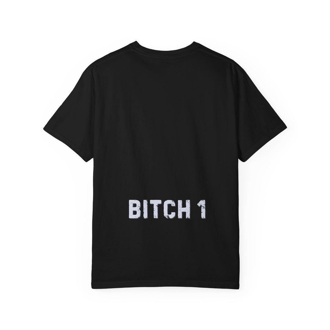Back view of the EMOTIONAL SUPPORT BARTENDER TEE featuring BITCH 1 in distressed white font, highlighting its relaxed fit and durable, garment-dyed fabric.