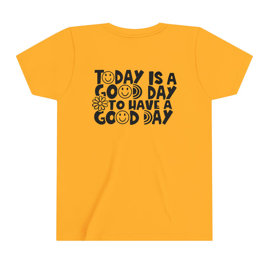 Youth short sleeve tee with black text on a yellow shirt. Lightweight and comfortable, perfect for kids. Made of 100% Airlume combed cotton. Ideal for custom artwork display. Good Day to Have a Good Day Tee.