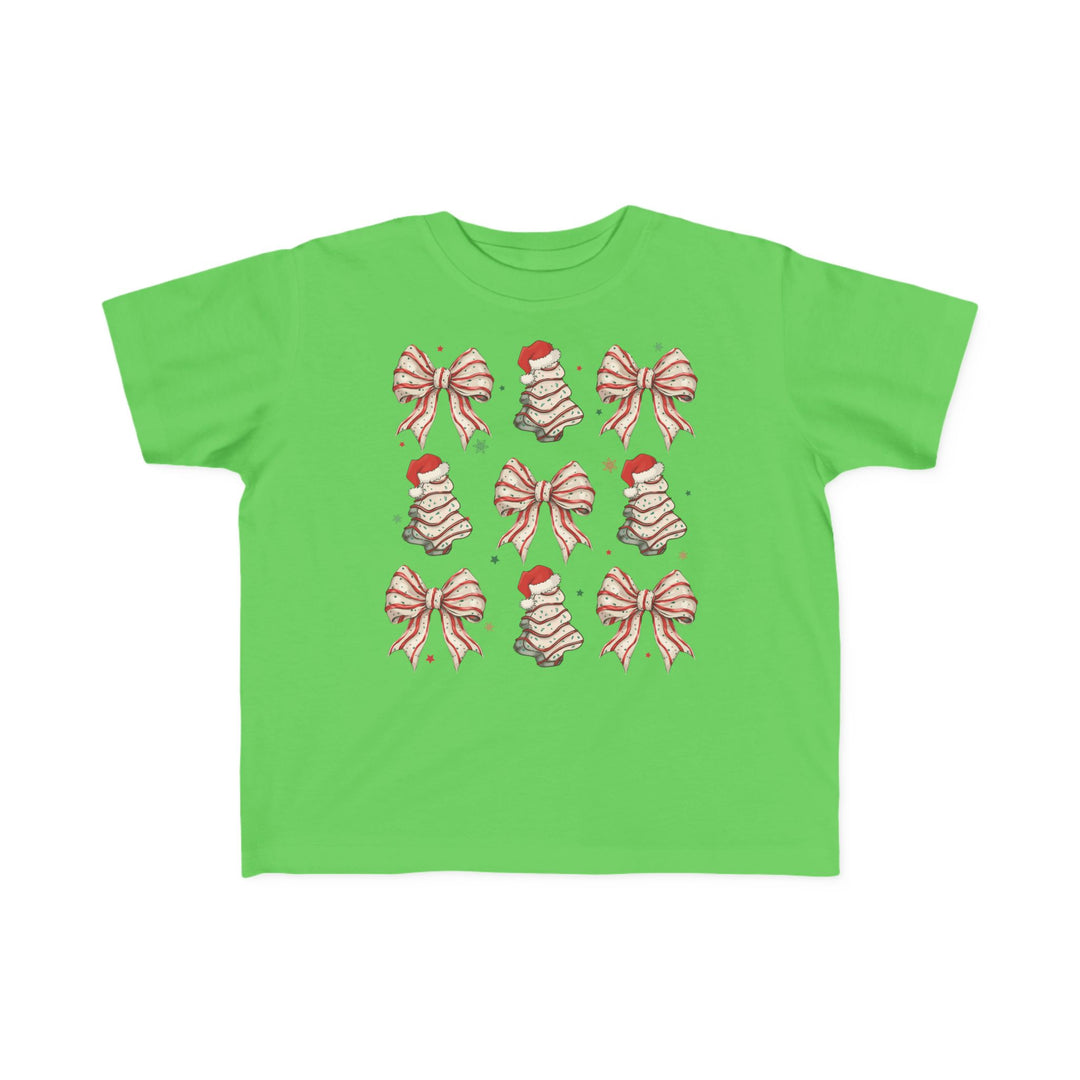 Cookies and Bows Toddler Tee featuring festive icons and holiday accents, perfect for toddlers with its soft, durable cotton fabric.