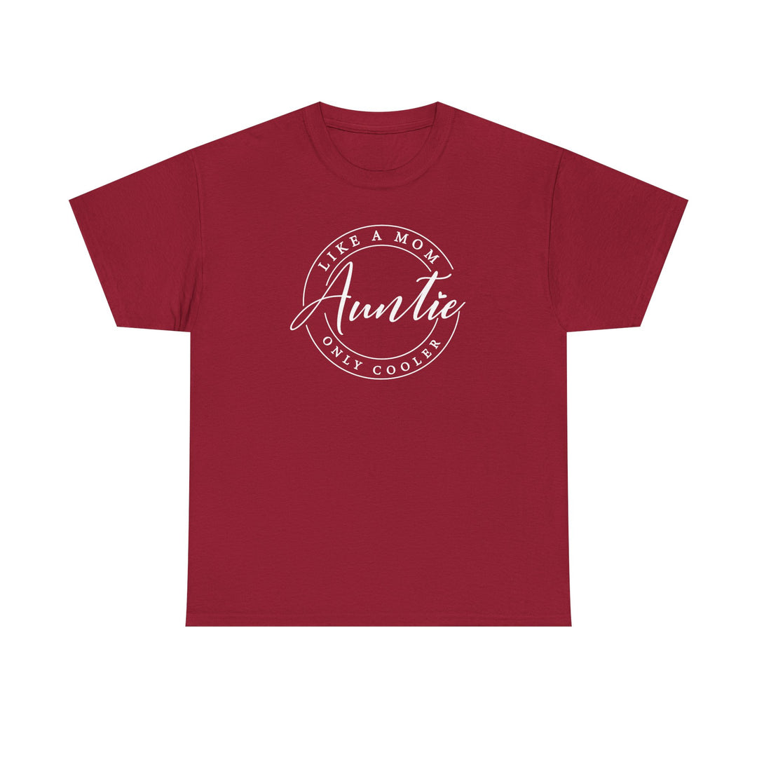 Auntie Tee: Red unisex cotton t-shirt featuring bold white text, embodying casual fashion with a classic fit, ideal for personalized designs.