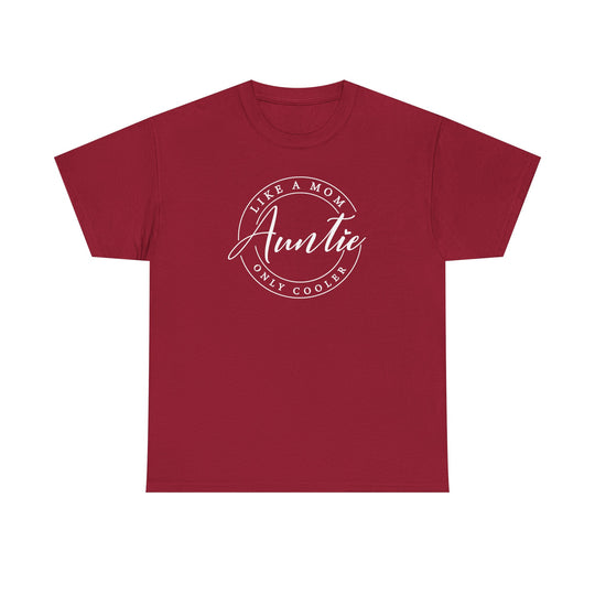 Auntie Tee: Red unisex cotton t-shirt featuring bold white text, embodying casual fashion with a classic fit, ideal for personalized designs.