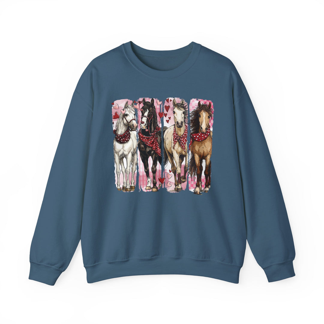 Horse Valentine Crew: Teal crewneck sweatshirt featuring four horses with red heart-dotted bandanas, set against a pink, heart-patterned background. Comfortable, ribbed collar, no side seams.