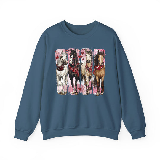 Horse Valentine Crew: Teal crewneck sweatshirt featuring four horses with red heart-dotted bandanas, set against a pink, heart-patterned background. Comfortable, ribbed collar, no side seams.