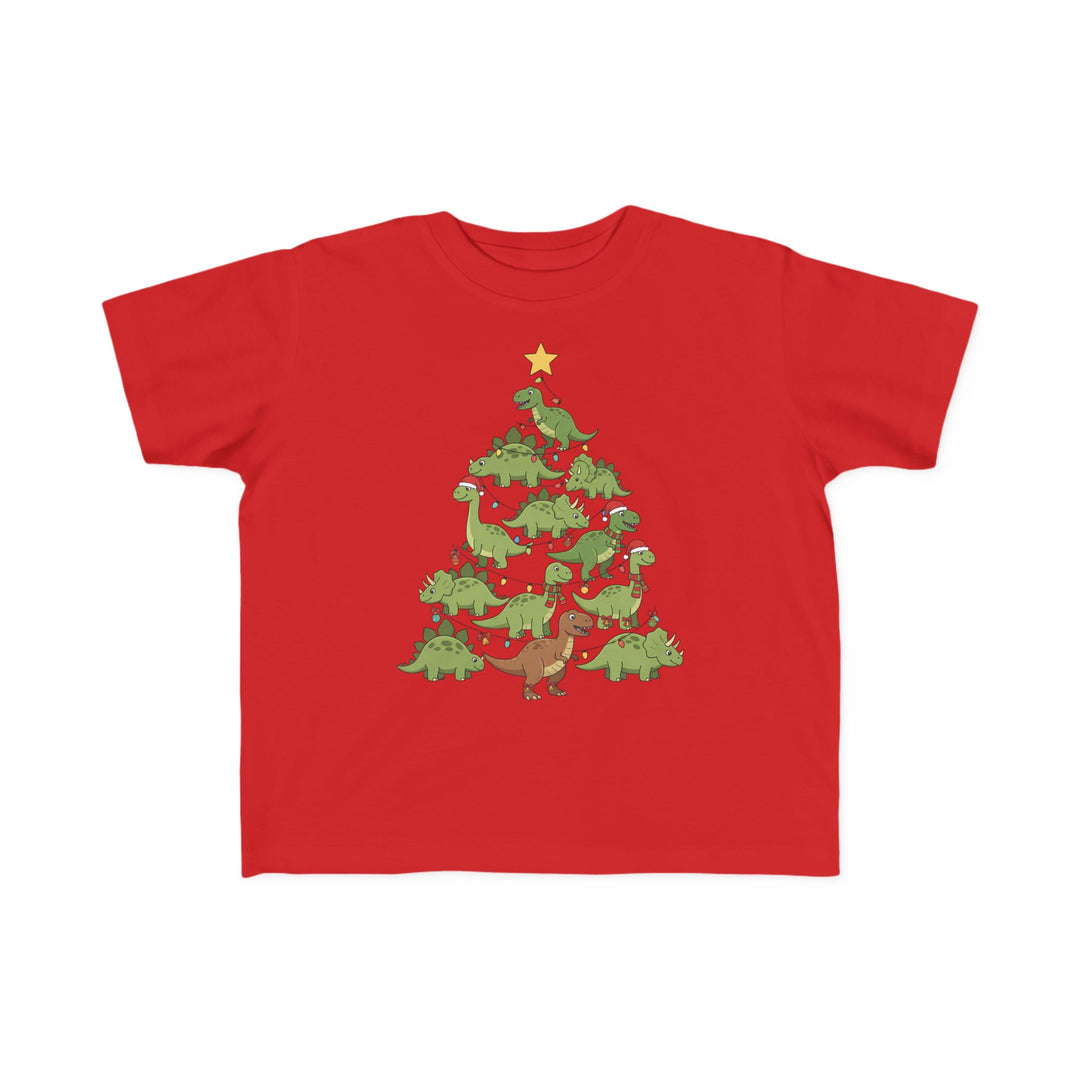 Dino Tree Toddler Tee displaying cartoon dinosaurs stacked as a Christmas tree, adorned with lights and baubles, perfect for a toddler's holiday wear.