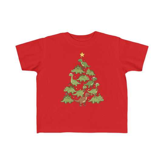Dino Tree Toddler Tee displaying cartoon dinosaurs stacked as a Christmas tree, adorned with lights and baubles, perfect for a toddler's holiday wear.