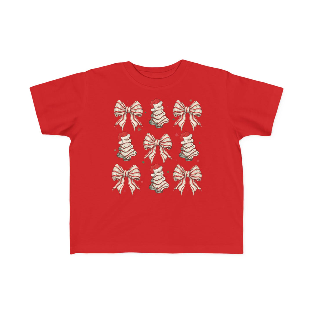 Cookies and Bows Toddler Tee featuring festive motifs in a 3×3 grid, perfect for sensitive skin, combining comfort with a playful holiday design.