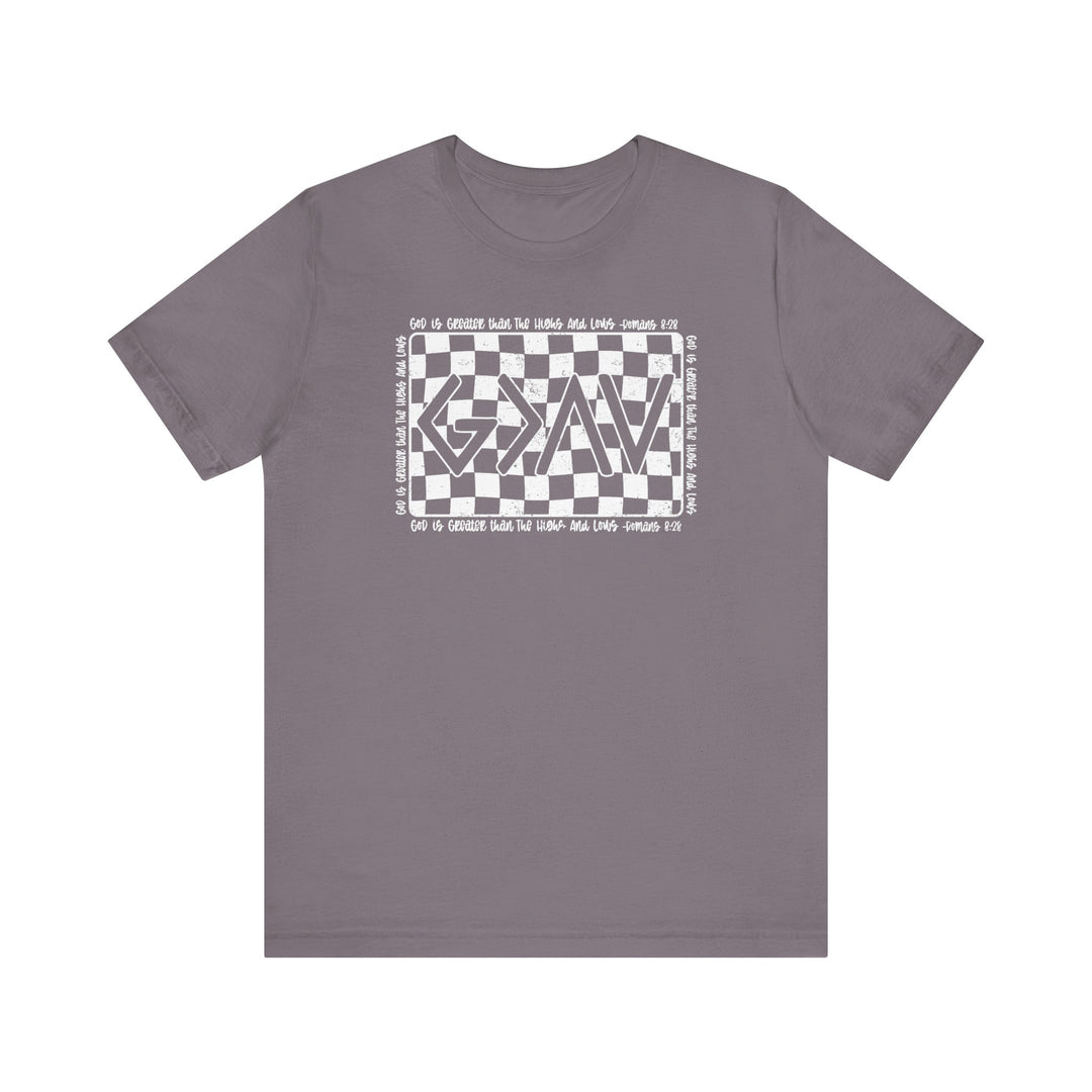 God Highs and Lows Tee, featuring white text on a grey t-shirt, offers a classic unisex fit with soft, durable cotton and ribbed knit collars.