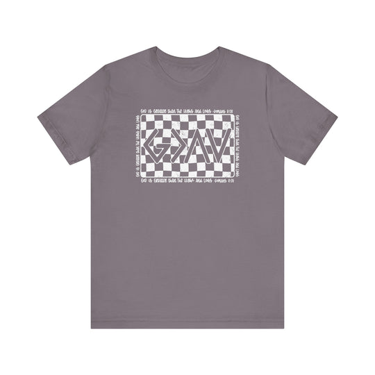 God Highs and Lows Tee, featuring white text on a grey t-shirt, offers a classic unisex fit with soft, durable cotton and ribbed knit collars.