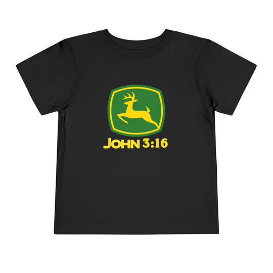 John 3:16 Toddler Tee with green-and-yellow deer logo, featuring short sleeves and tear-away label, made from 100% Airlume cotton for comfort.