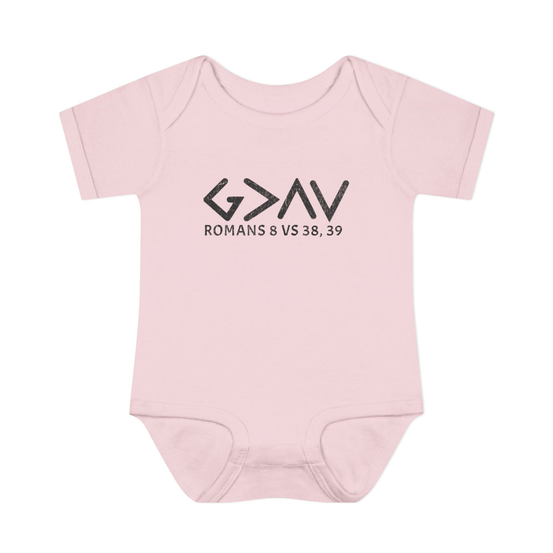 Pink baby bodysuit featuring God is Greater text, crafted from soft, 100% ring-spun cotton, designed with lap shoulders for easy dressing.
