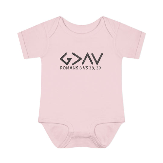 Pink baby bodysuit featuring God is Greater text, crafted from soft, 100% ring-spun cotton, designed with lap shoulders for easy dressing.