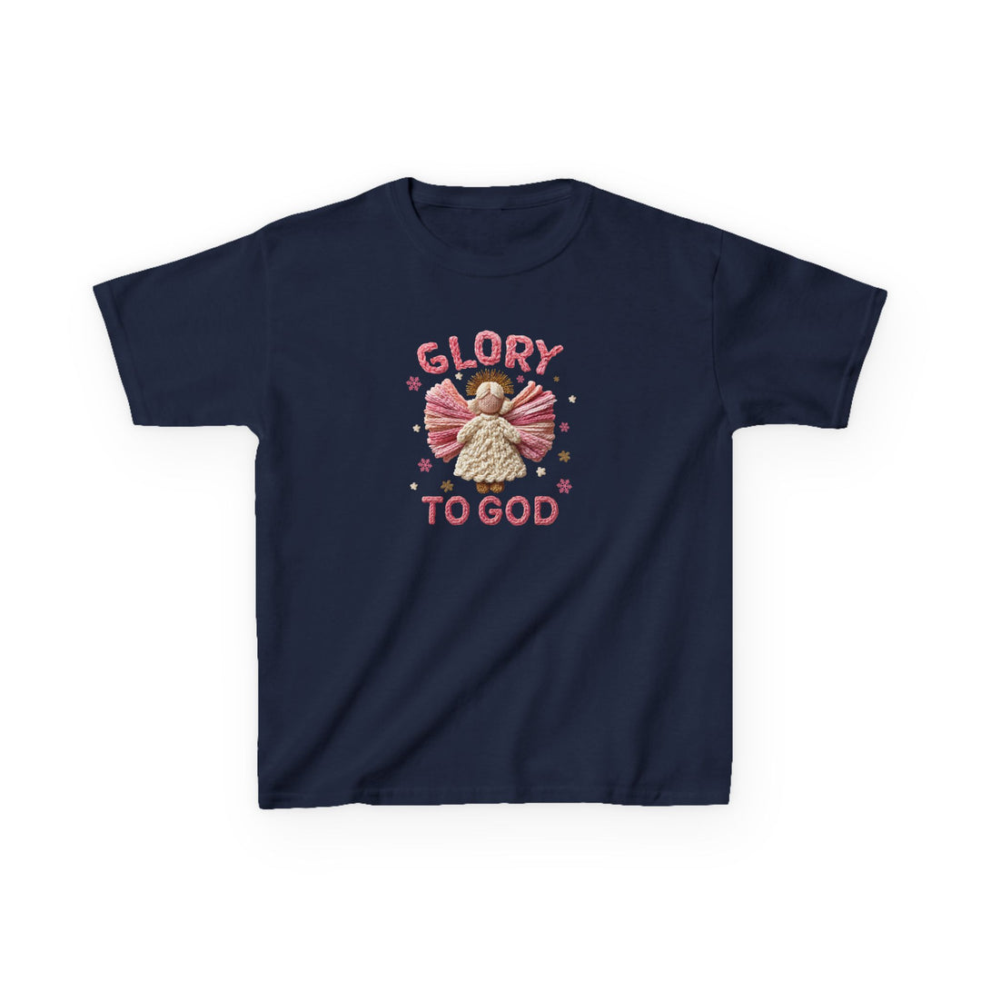 Glory to God Kids Tee: Navy-blue cotton T-shirt with embroidered-look angel, star, and snowflake motifs, featuring GLORY and TO GOD in pink yarn-style text.
