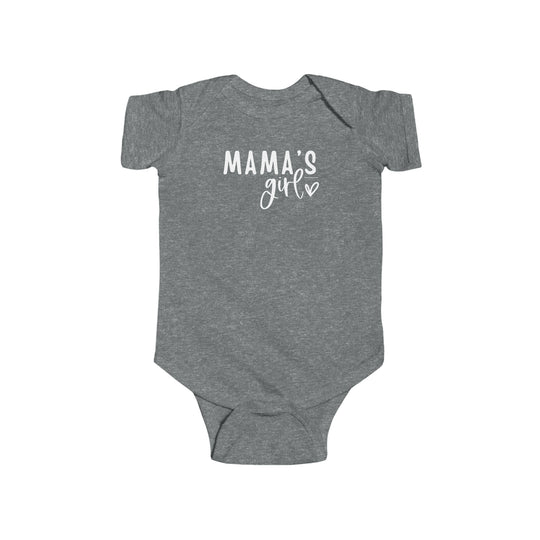 A grey baby bodysuit with white text, featuring the title Mama's Girl Onesie. Made of 100% cotton, light fabric, with ribbed knit bindings and plastic snaps for easy changing. From Worlds Worst Tees.