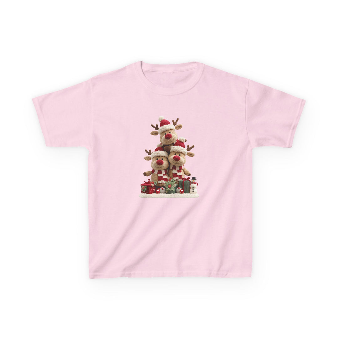 Reindeer Tree Kids Tee features a festive scene with reindeer in Santa hats, perfect for everyday wear with its durable 100% cotton fabric and classic fit.