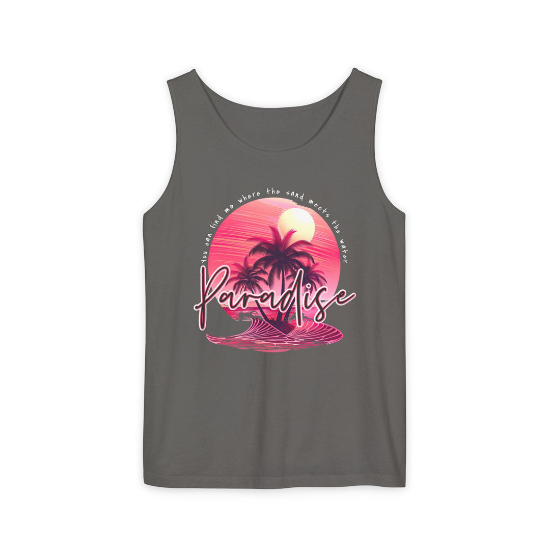 Paradise Tank Top: Unisex garment-dyed tank, relaxed fit, made from 100% ring-spun US cotton, featuring ethical production and low-impact dyes for eco-friendly style.