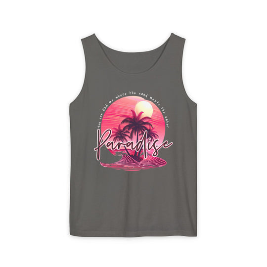 Paradise Tank Top: Unisex garment-dyed tank, relaxed fit, made from 100% ring-spun US cotton, featuring ethical production and low-impact dyes for eco-friendly style.
