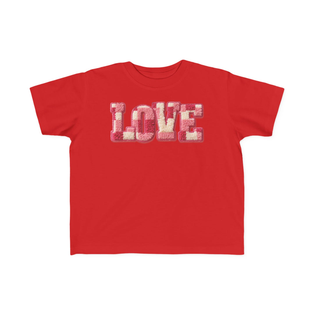 Love Toddler Tee with LOVE in tufted yarn style offers softness and durability, perfect for toddlers' sensitive skin and early adventures.