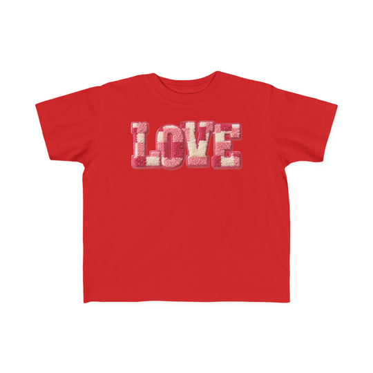 Love Toddler Tee with LOVE in tufted yarn style offers softness and durability, perfect for toddlers' sensitive skin and early adventures.