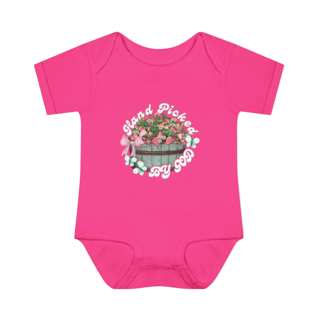Infant unisex onesie with Hand Picked by GOD design, featuring lap shoulders and soft ring-spun cotton for comfort, suitable for fidgeting infants.