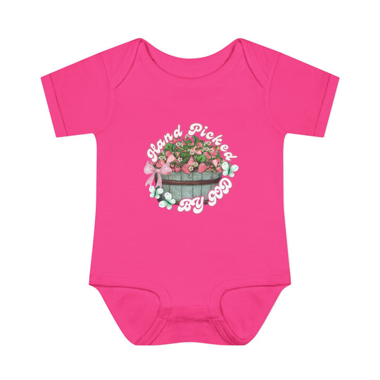 Infant unisex onesie with Hand Picked by GOD design, featuring lap shoulders and soft ring-spun cotton for comfort, suitable for fidgeting infants.