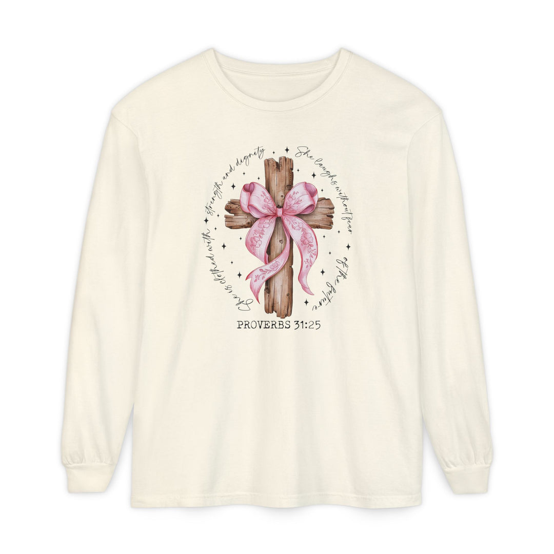 Proverbs 31:25 Long Sleeve Tee featuring a rustic cross with a pink ribbon and script verse, crafted from soft, garment-dyed, 100% ring-spun cotton.
