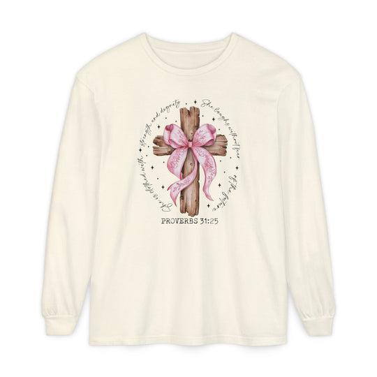 Proverbs 31:25 Long Sleeve Tee featuring a rustic cross with a pink ribbon and script verse, crafted from soft, garment-dyed, 100% ring-spun cotton.
