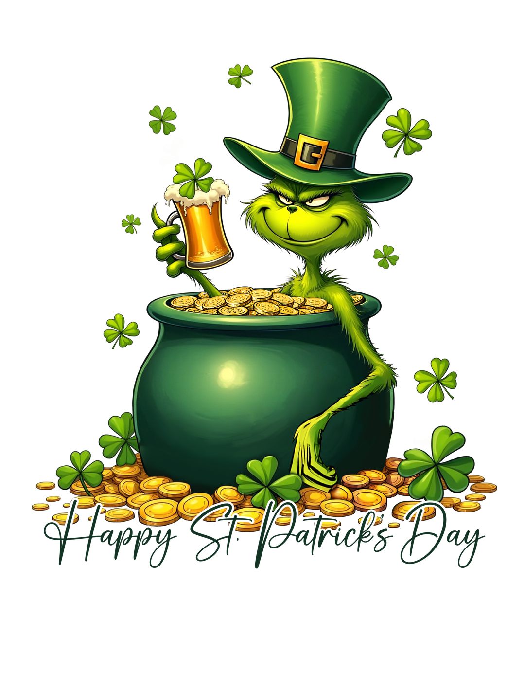 Grinchy St Patrick's Tee featuring a cartoon green cat in a pot of gold, holding a beer, perfect for humorous and festive occasions.