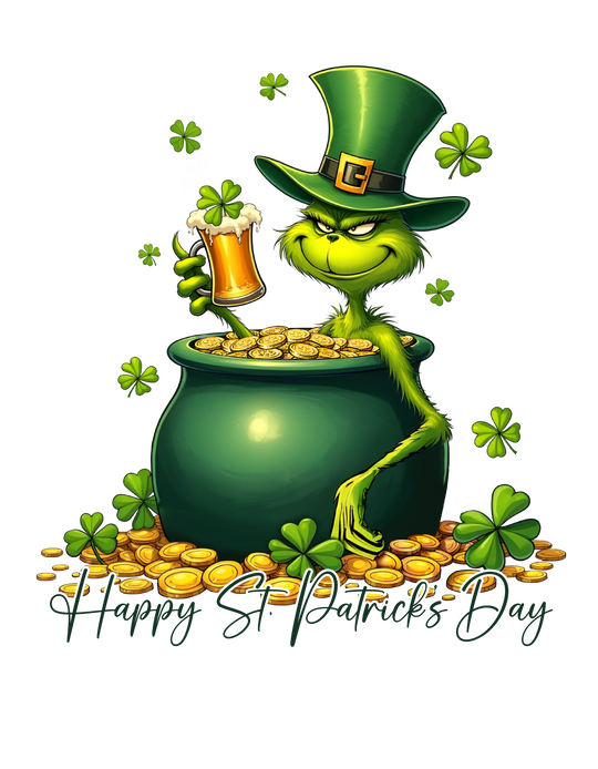 Grinchy St Patrick's Tee featuring a cartoon green cat in a pot of gold, holding a beer, perfect for humorous and festive occasions.