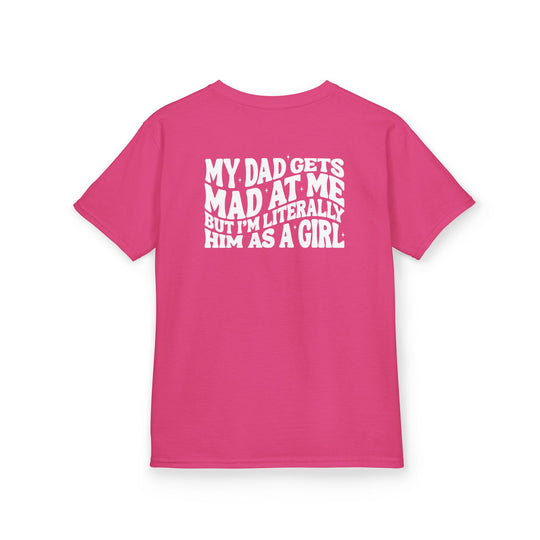 Back view of My Dad Get's Mad at Me Kids Tee in bright pink with a bold white slogan, highlighting a humorous, relatable message for children.