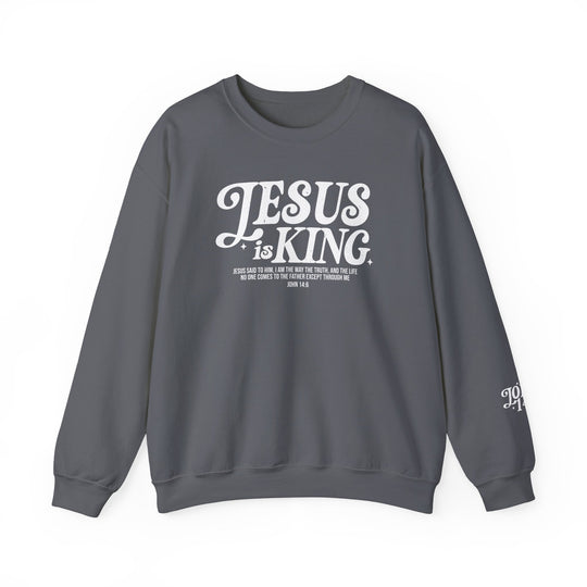 Jesus is King Crew sweatshirt featuring white text on a grey background. Made from a polyester-cotton blend, offering comfort and durability with a ribbed knit collar.